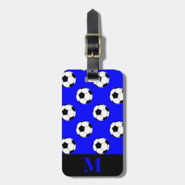 青背景の白いサッカーボール モノグラム ラゲッジタグ