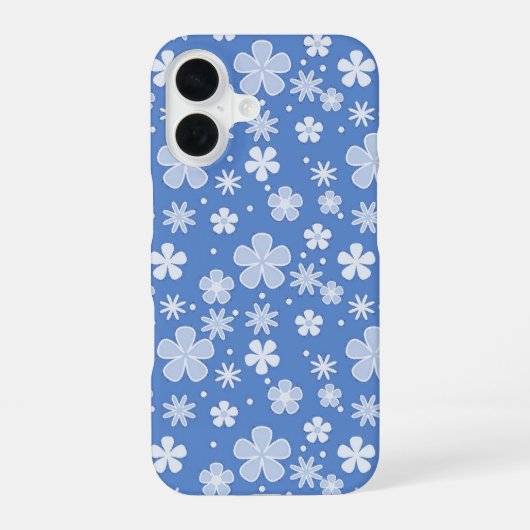青背景の白いデイジーと水玉 iPhone 16ケース (裏面)