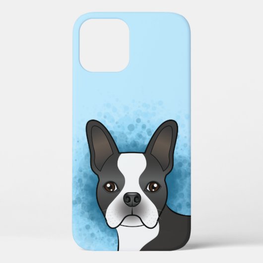 青背景の白黒ボストンテリアのキャラクターデザイン Case-Mate iPhoneケース (裏面)