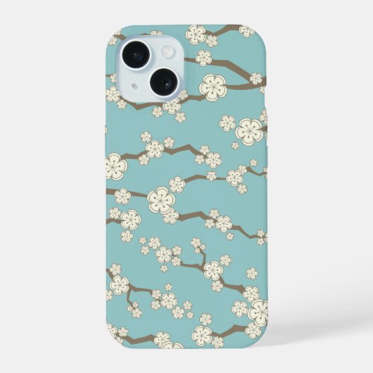 青背景の禅クリーム桜の花 iPhone 15ケース (裏面)
