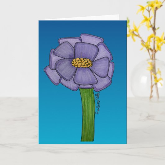 青背景の紫の花 シンプル カード (黄色い花)