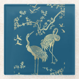 青背景の金の鶴アート ガラスコースター