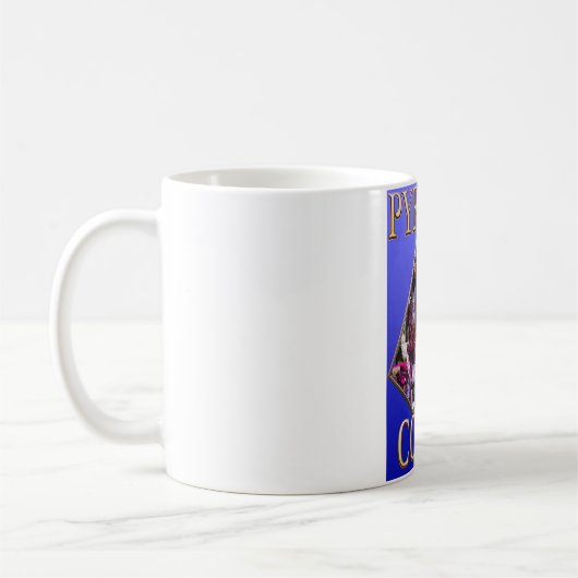 青背景のPyramid Comicsマグカップ コーヒーマグカップ (左)