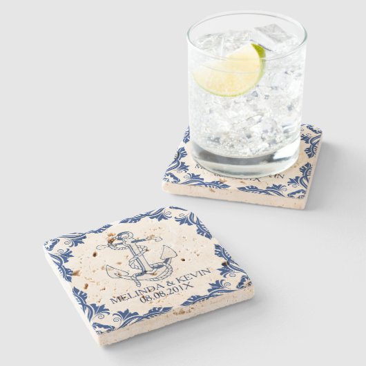 青航海のいかりと青フローラフレーム ストーンコースター (横)