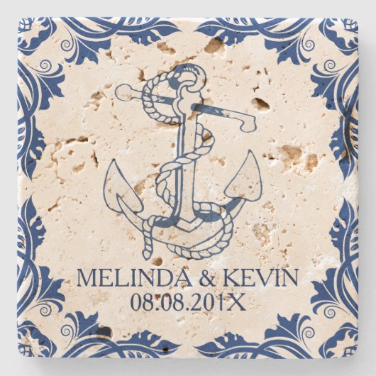 青航海のいかりと青フローラフレーム ストーンコースター (正面)