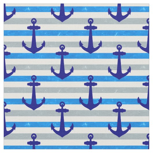青航海のいかり付きストライプ ファブリック (クローズアップ)