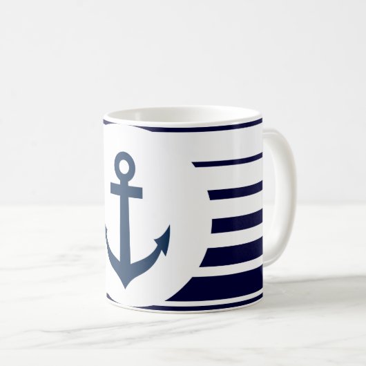 青航海のと白のいかりのマグストライプ コーヒーマグカップ (正面右)