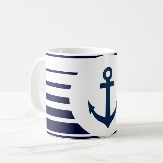 青航海のと白のいかりのマグストライプ コーヒーマグカップ (正面左)