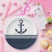 青航海のと白の青のいかりストライプ ペーパープレート (パーティー)