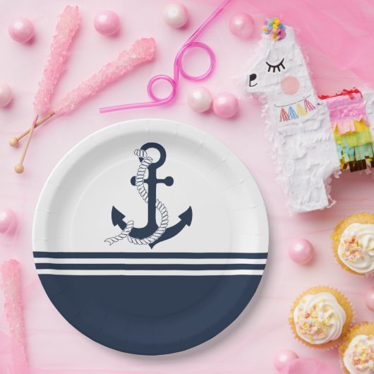 青航海のと白の青のいかりストライプ ペーパープレート (パーティー)