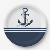 青航海のと白の青のいかりストライプ ペーパープレート (正面)
