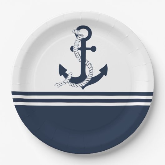 青航海のと白の青のいかりストライプ ペーパープレート (正面)