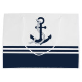 青航海のと白の青のいかりストライプ ラージペーパーバッグ (正面)