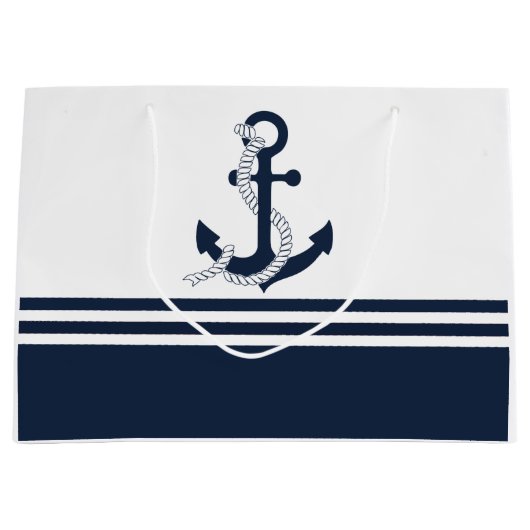 青航海のと白の青のいかりストライプ ラージペーパーバッグ (正面)