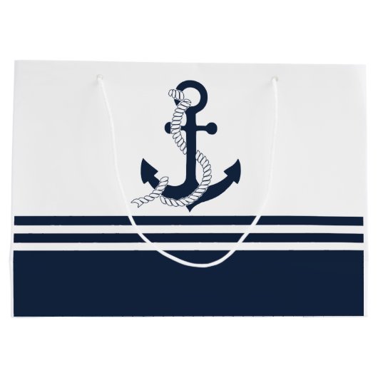 青航海のと白の青のいかりストライプ ラージペーパーバッグ (裏面)