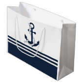 青航海のと白の青のいかりストライプ ラージペーパーバッグ (正面アングル)