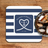 青航海のストライプのハート結婚いかり スクエアペーパーコースター