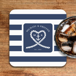 青航海のストライプのハート結婚いかり スクエアペーパーコースター