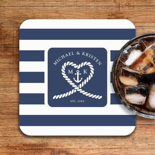 青航海のストライプのハート結婚いかり スクエアペーパーコースター