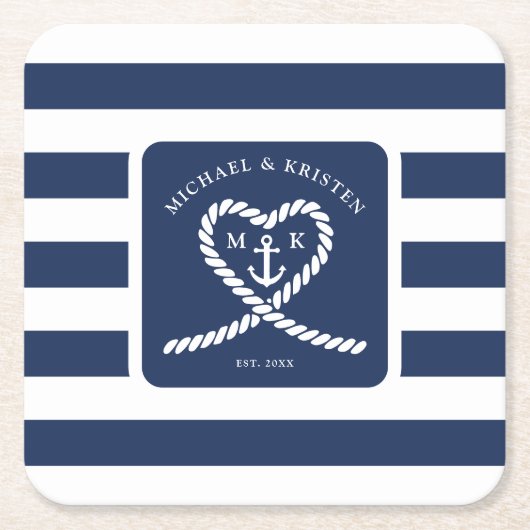 青航海のストライプのハート結婚いかり スクエアペーパーコースター (正面)