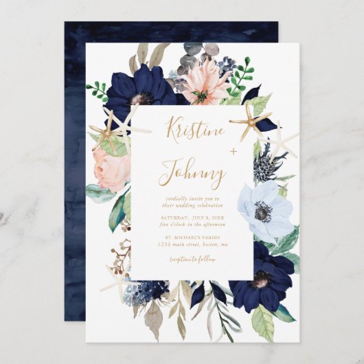 青航海のフローラ金ゴールドStarfishスクリプ結婚ト 招待状 (正面/裏面)