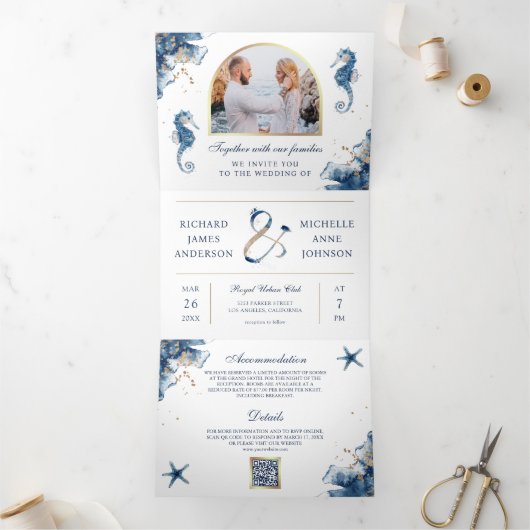 青航海の水色シーホースQRコー結婚ド 三つ折り招待状 (内部)