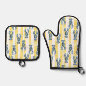 青航海の水色ロブスター黄ストライプ色 鍋つかみ&鍋敷きセット (正面)