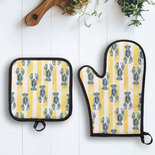 青航海の水色ロブスター黄ストライプ色 鍋つかみ&鍋敷きセット