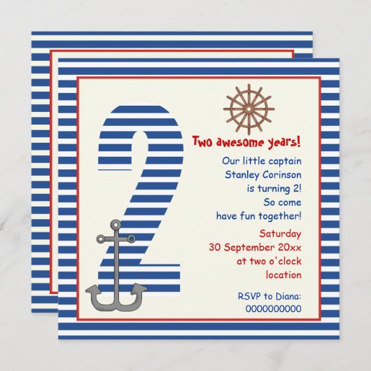 青航海の白い帆船2歳の誕生日パーティー 招待状 (正面/裏面)
