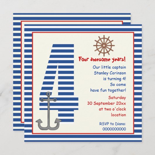 青航海の白い帆船4歳の誕生日パーティー 招待状 (正面/裏面)