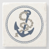 青航海の白のいかりとロープ ストーンコースター (正面)