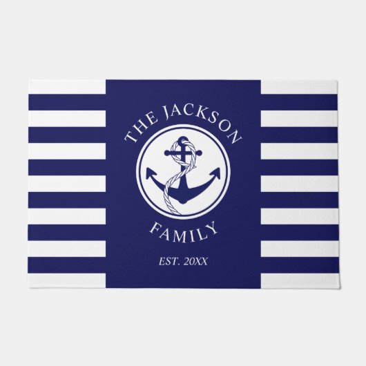 青航海の色ストライプのファミリ名 ドアマット (正面)