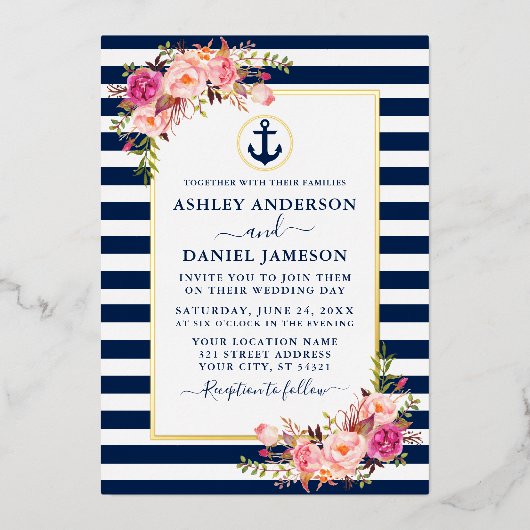 青航海の色ストライプ水色ピンクフローラ金ゴールド 箔招待状 (正面)