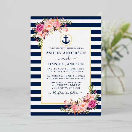 青航海の色ストライプ水色ピンクフローラ金ゴールド 箔招待状 (立ち正面)