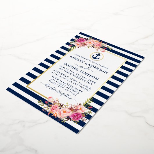青航海の色ストライプ水色ピンクフローラ金ゴールド 箔招待状 (回転した状態)
