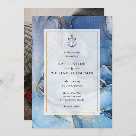 青航海の金ゴールドアガテいかり結婚の写真 招待状 (正面/裏面)