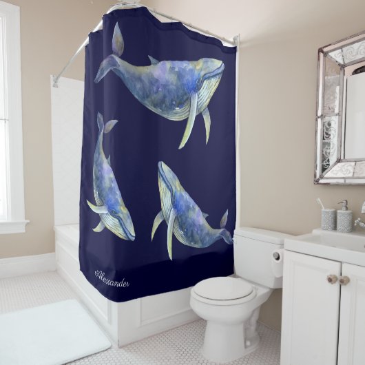 青航海の鯨水彩白木名 シャワーカーテン (インサイチュ)