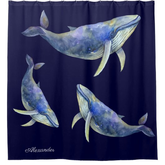 青航海の鯨水彩白木名 シャワーカーテン (正面)