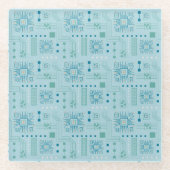 青色およびティール（緑がかった色）回路基板パターン ガラスコースター (正面)