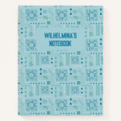 青色およびティール（緑がかった色）回路基板パターン ノートブック (正面)