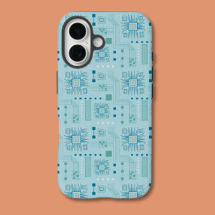 青色およびティール(緑がかった色)回路基板パターン iPhone 16ケース