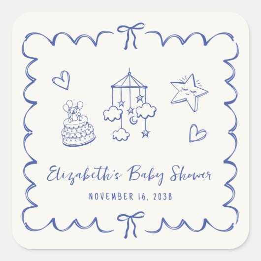青色お洒落波状フレーム男の赤ちゃんシャワー スクエアシール (正面)