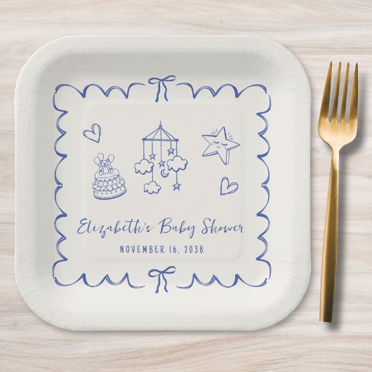 青色お洒落波状フレーム男の赤ちゃんシャワー ペーパープレート