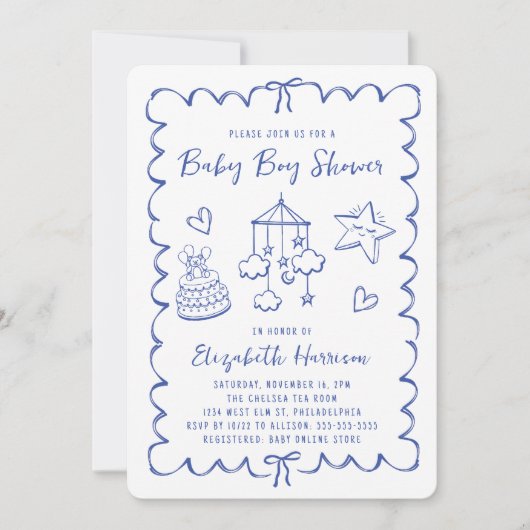 青色お洒落波状フレーム男の赤ちゃんシャワー 招待状 (正面)
