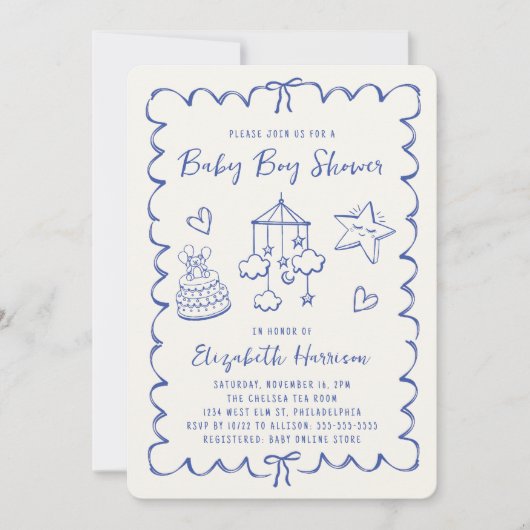 青色お洒落波状フレーム男の赤ちゃんシャワー 招待状 (正面)