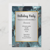 青色かわいらしフローラ銀金ゴールド誕生日 招待状 (正面)