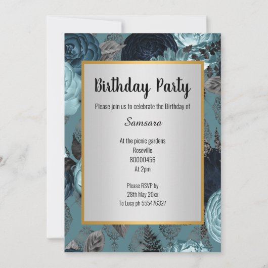 青色かわいらしフローラ銀金ゴールド誕生日 招待状 (正面)