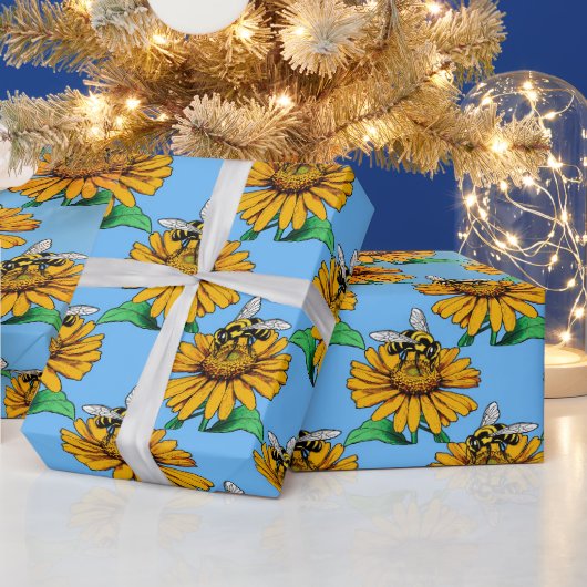 青色のひまわり花柄デザインに蜂  ラッピングペーパー (クリスマス)