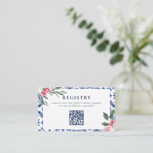 青色のイタリアンフローラブライダルシャワーエンクロージャカード 名刺 (スタンド正面)