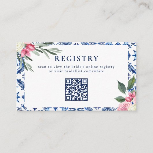 青色のイタリアンフローラブライダルシャワーエンクロージャカード 名刺 (正面)